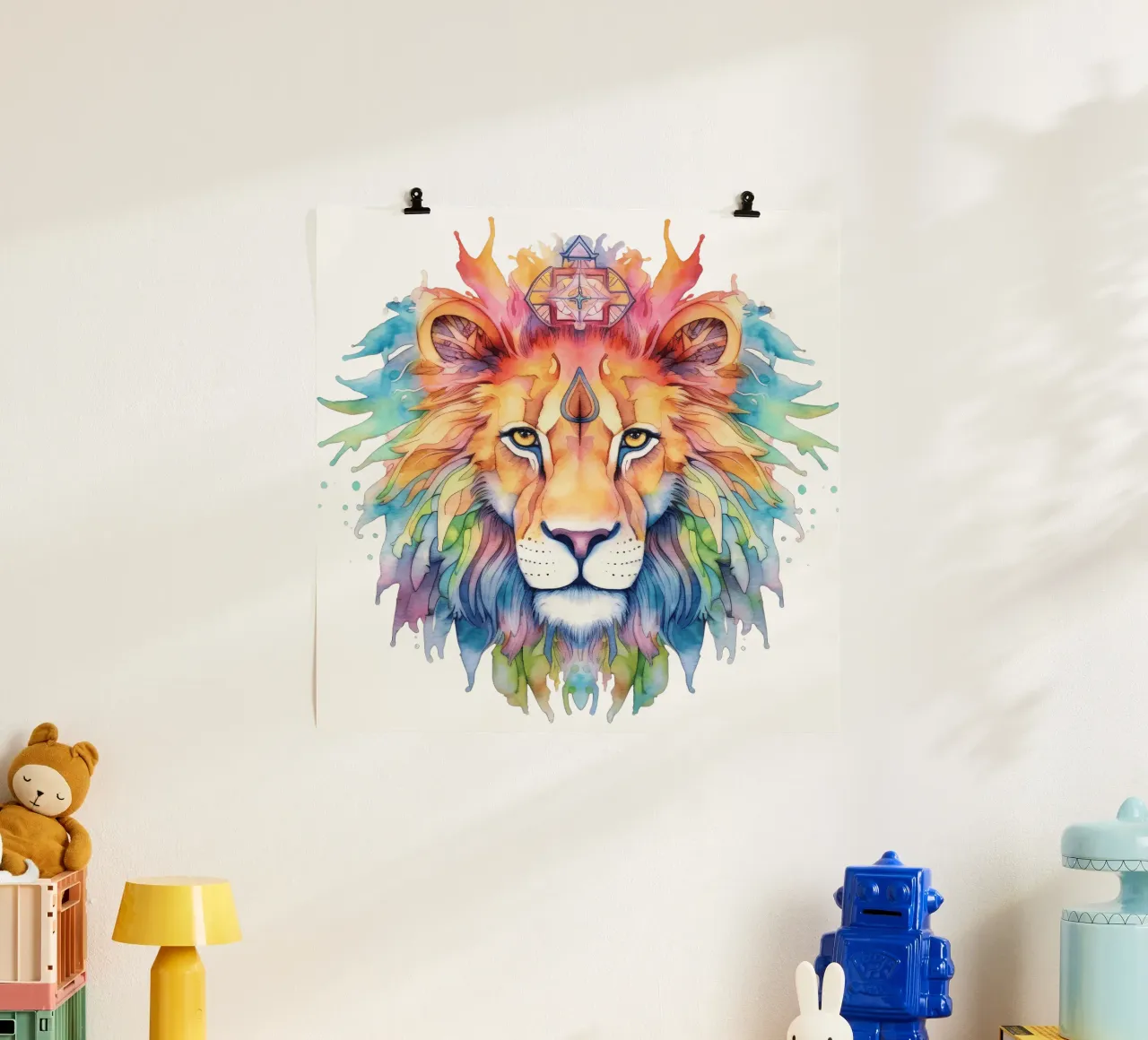 Mandala del leone acquerellato poster con telaio in legno da Spiritual Touch
