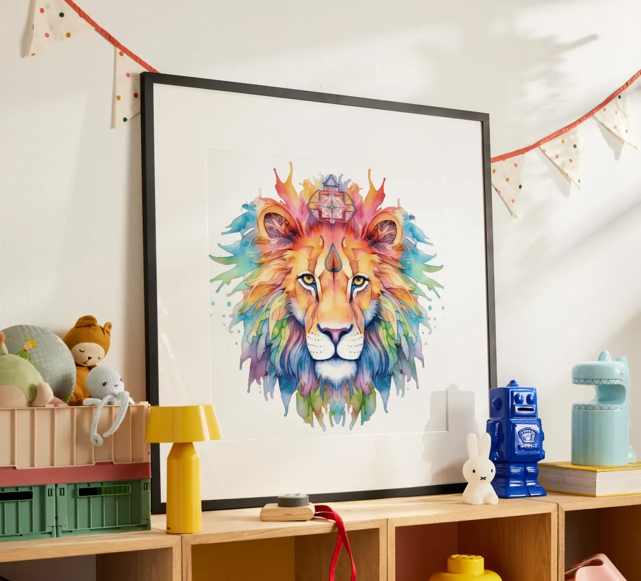 Mandala del leone acquerellato poster con telaio in legno da Spiritual Touch