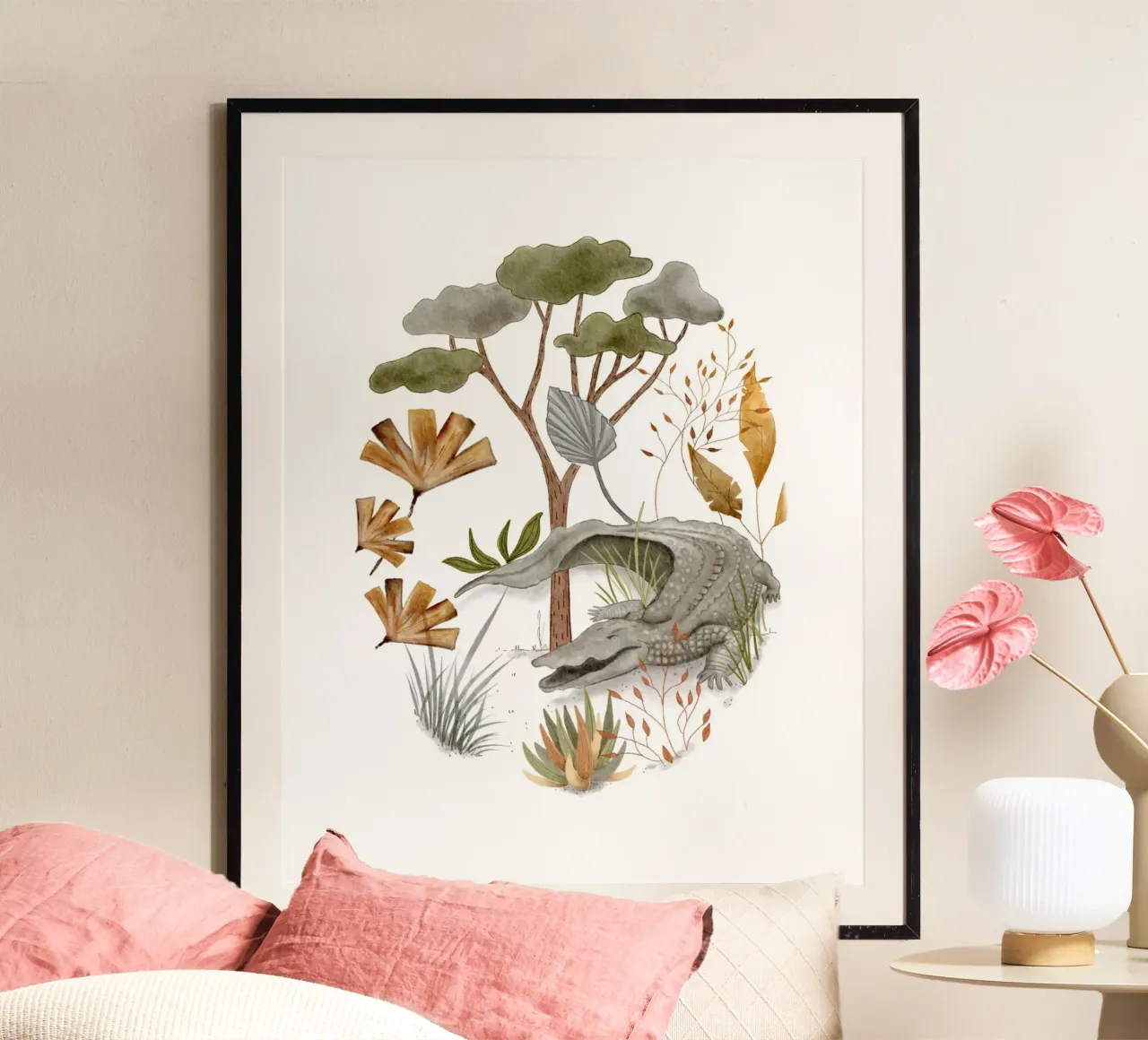 Sleepy Crocodile - Serene Jungle Illustration poster con telaio in plastica da Urchin Bay Art