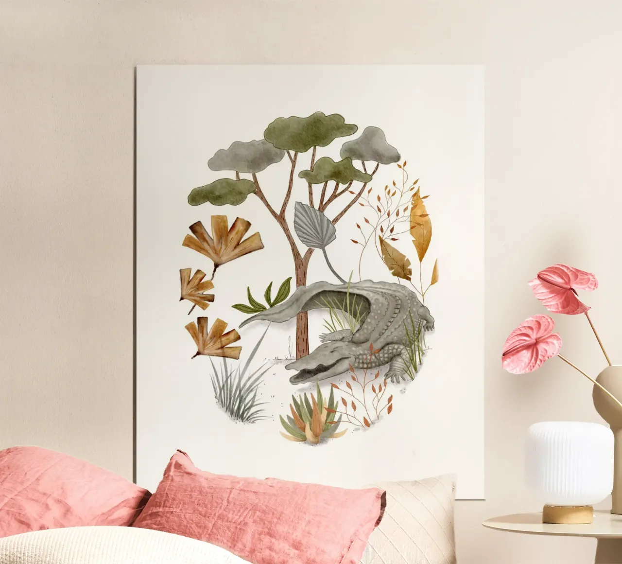 Sleepy Crocodile - Serene Jungle Illustration poster con telaio in plastica da Urchin Bay Art