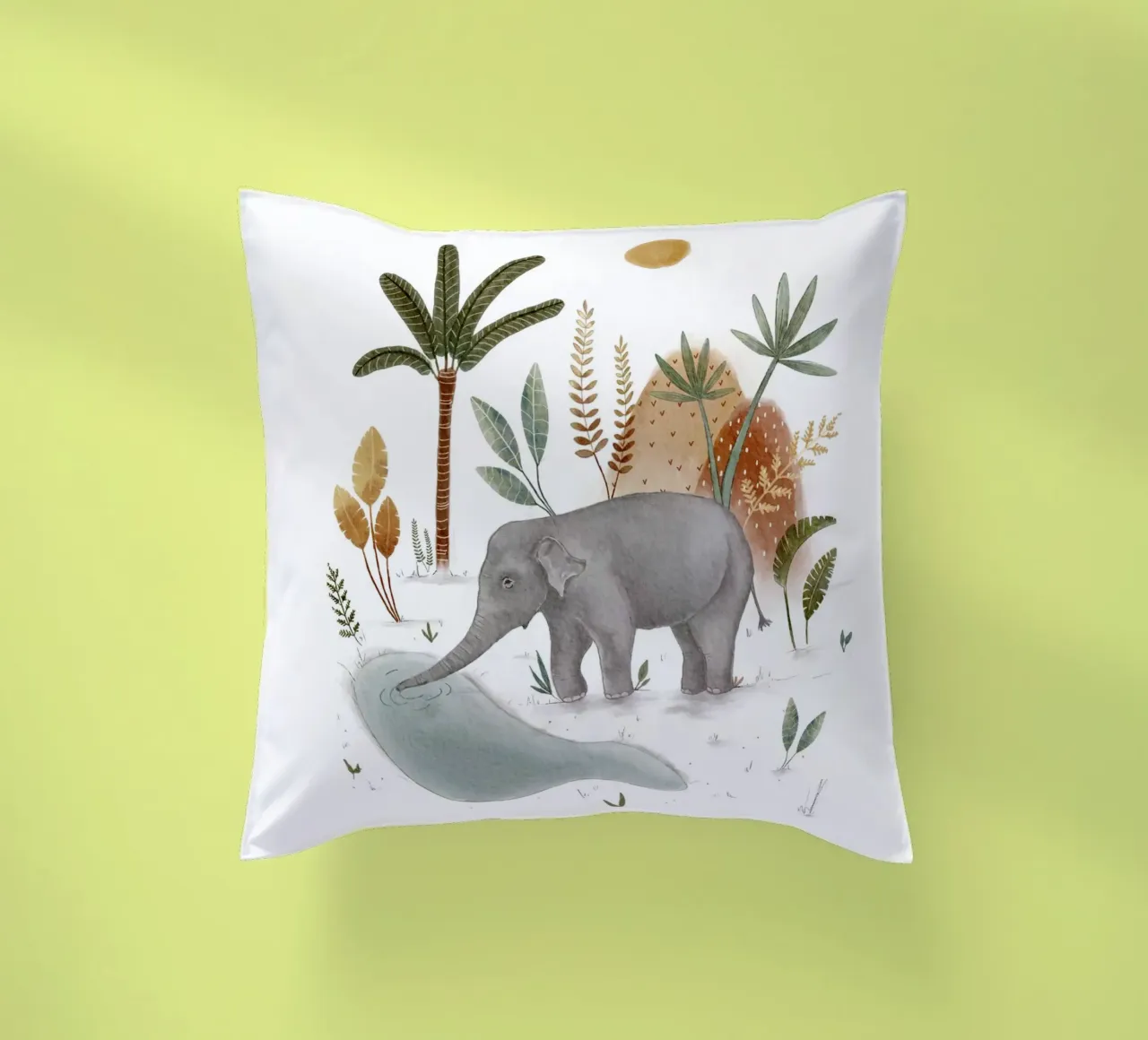 Whimsical Baby Elephant in Tropical Jungle Art decorative cushion by Urchin Bay Art