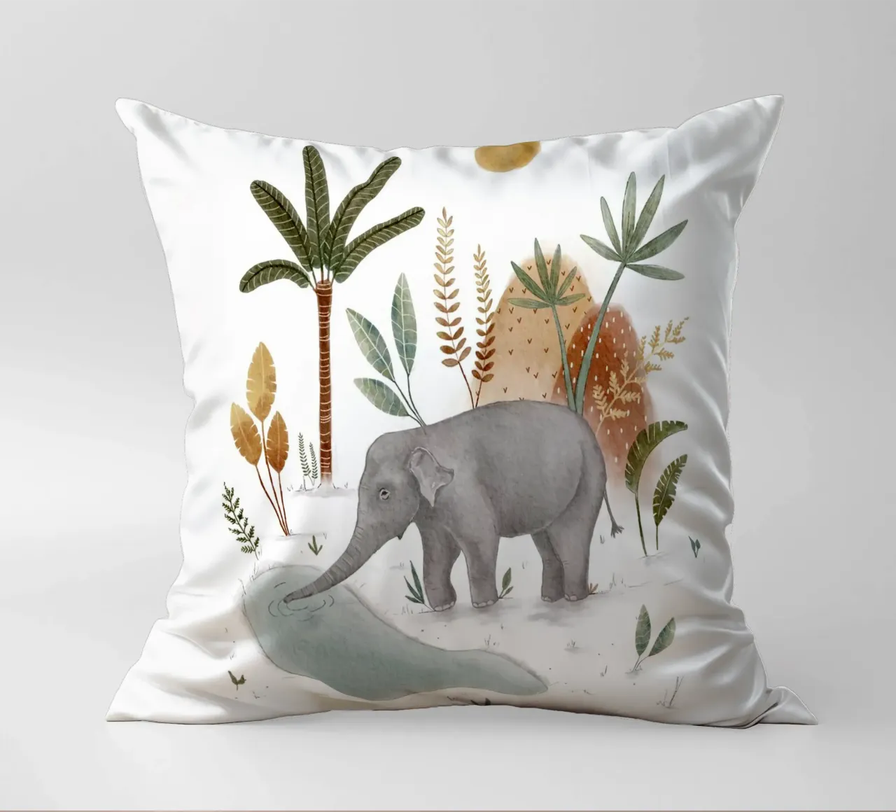 Whimsical Baby Elephant in Tropical Jungle Art decorative cushion by Urchin Bay Art