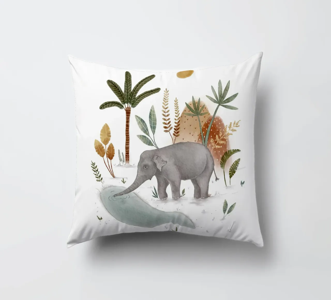 Whimsical Baby Elephant in Tropical Jungle Art decorative cushion by Urchin Bay Art