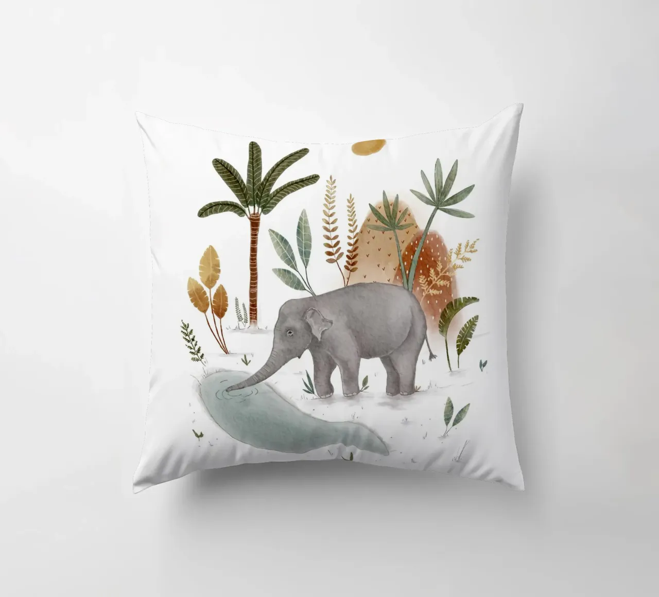 Whimsical Baby Elephant in Tropical Jungle Art decorative cushion by Urchin Bay Art