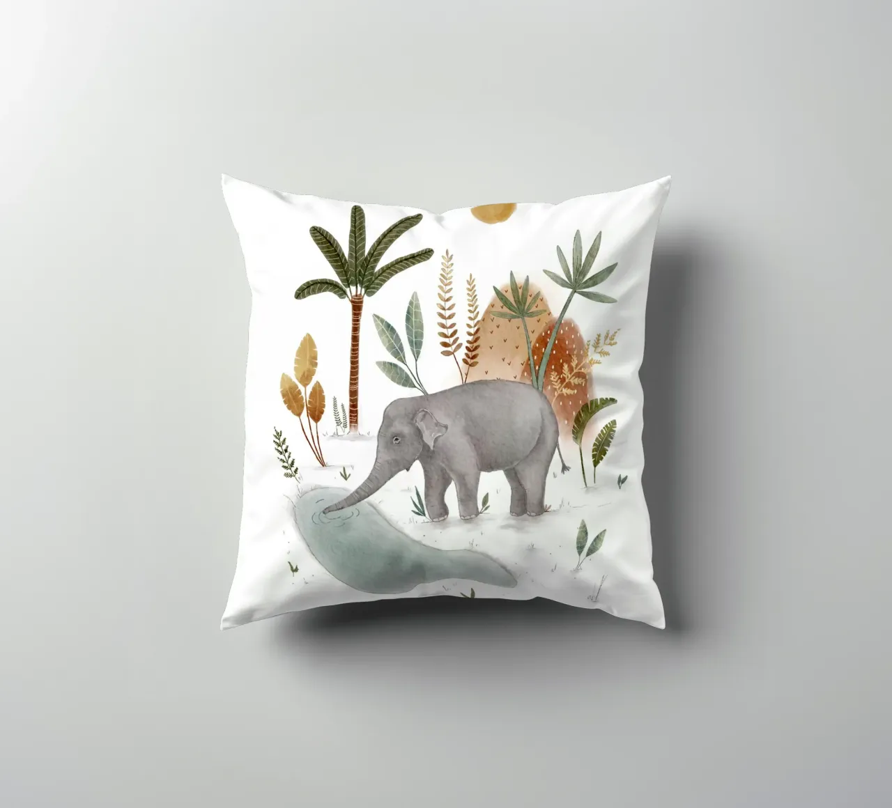 Whimsical Baby Elephant in Tropical Jungle Art decorative cushion by Urchin Bay Art