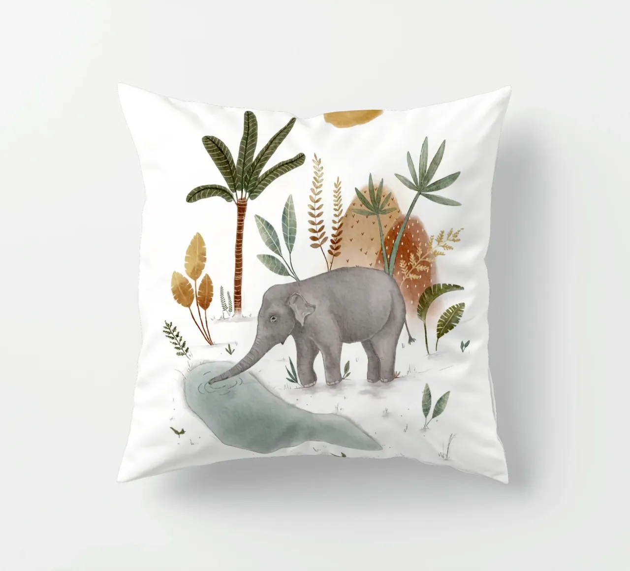 Whimsical Baby Elephant in Tropical Jungle Art decorative cushion by Urchin Bay Art