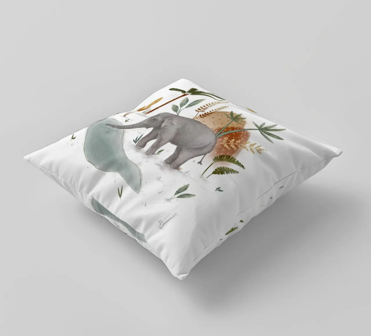 Whimsical Baby Elephant in Tropical Jungle Art decorative cushion by Urchin Bay Art