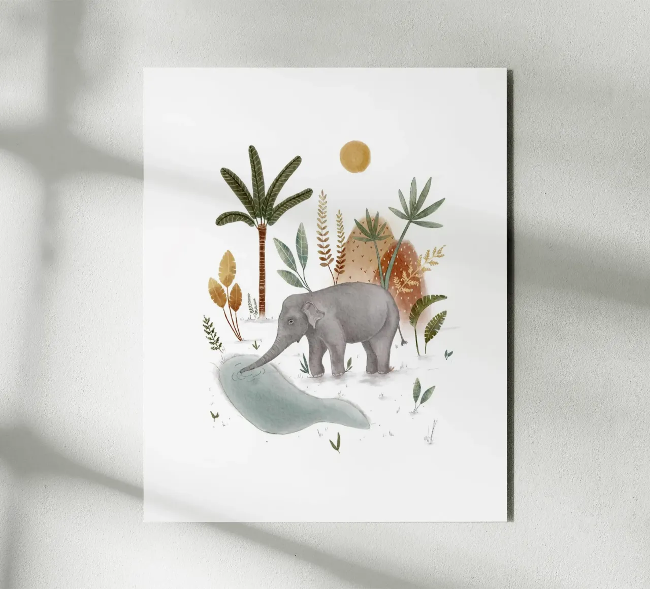 Whimsical Baby Elephant in Tropical Jungle Art alu-dibond by Urchin Bay Art