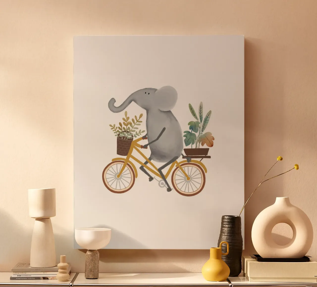 Whimsical Elephant on Bicycle – Cute Safari Nursery Wall Art canvas with Floater frame by Urchin Bay Art