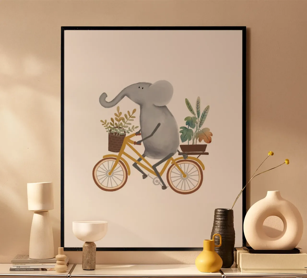 Elefante stravagante su bicicletta - Simpatica opera d'arte da parete per vivaio Safari poster con telaio in plastica da Urchin Bay Art