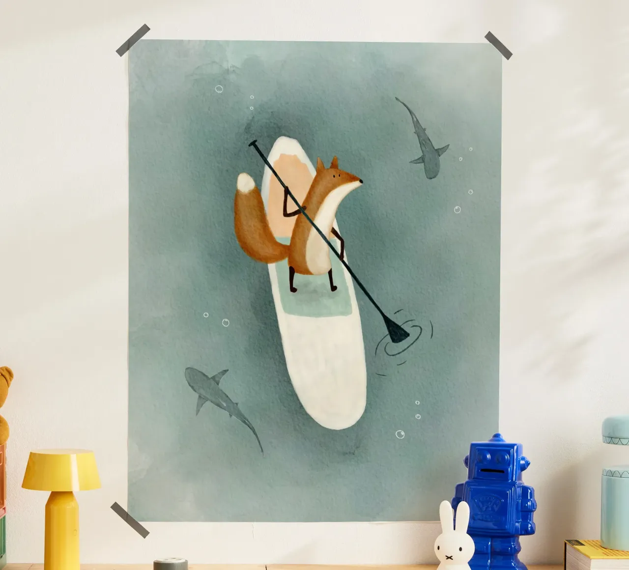 Vos peddelt met haaien - Grillige aquarelkunst poster van Urchin Bay Art