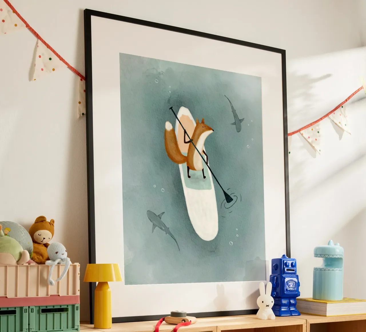 Vos peddelt met haaien - Grillige aquarelkunst poster van Urchin Bay Art