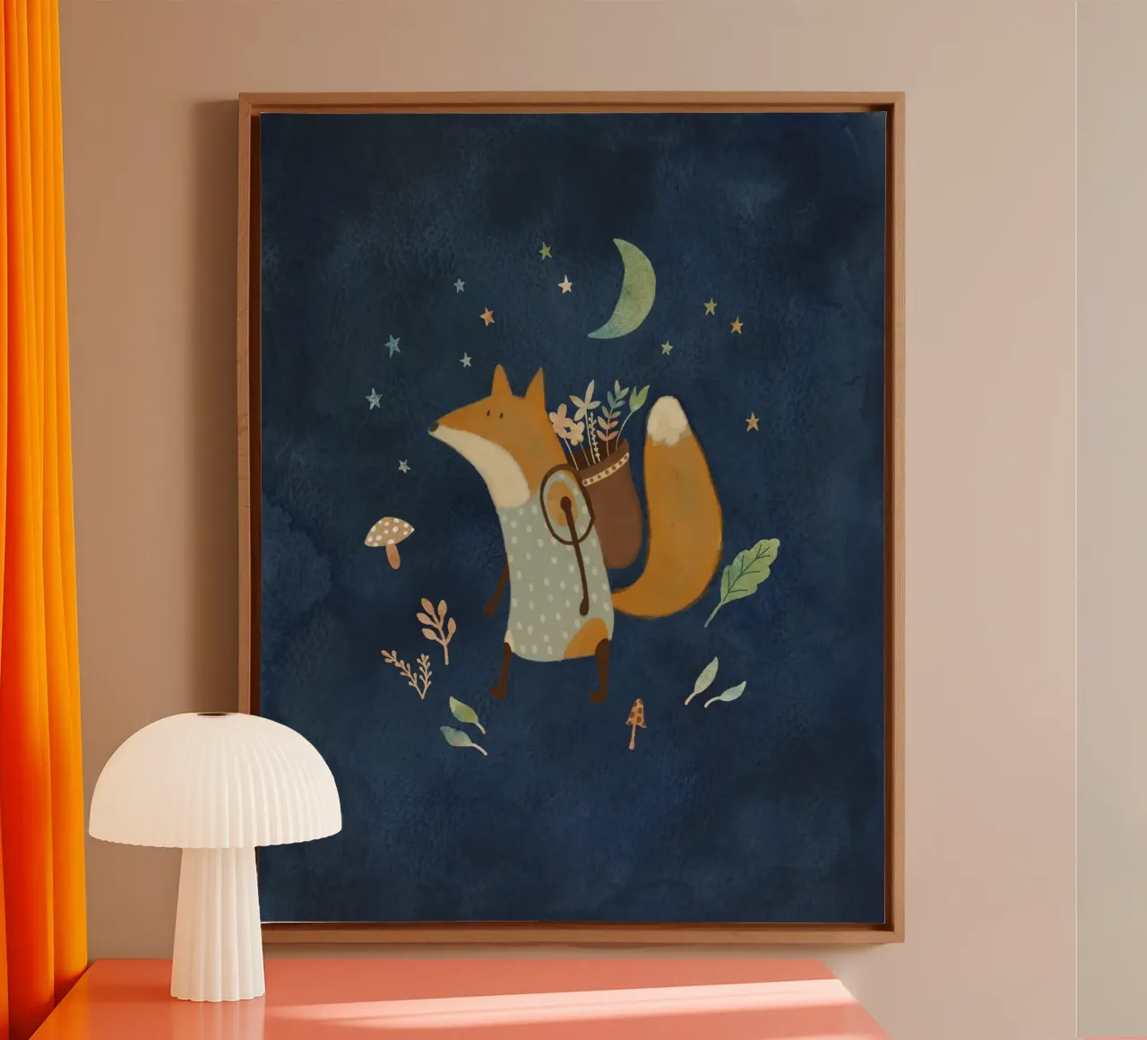Foraging Fox Under Moonlight – Whimsical Forest Art Print canvas with Floater frame by Urchin Bay Art