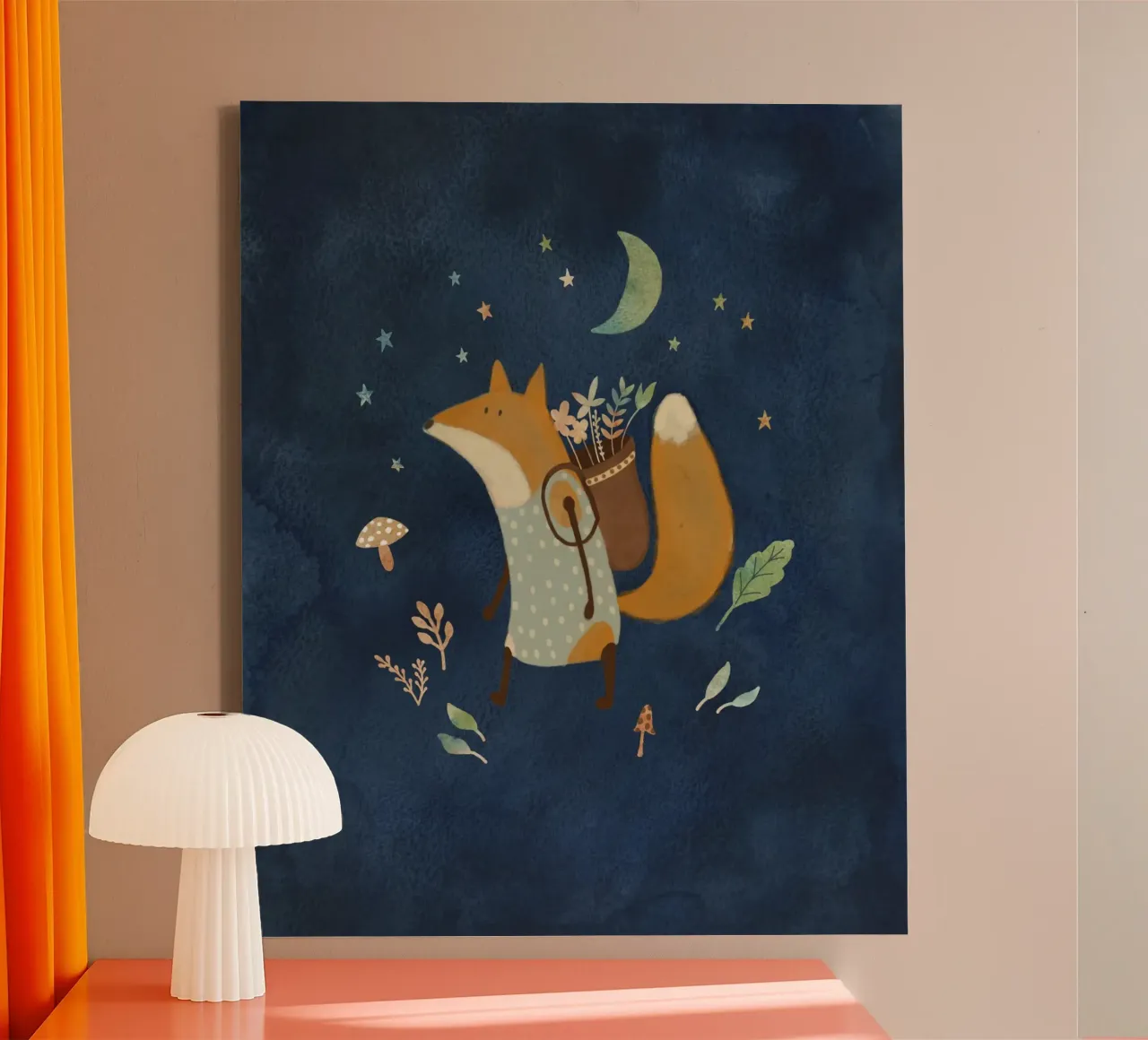 Foraging Fox Under Moonlight – Whimsical Forest Art Print canvas with Floater frame by Urchin Bay Art