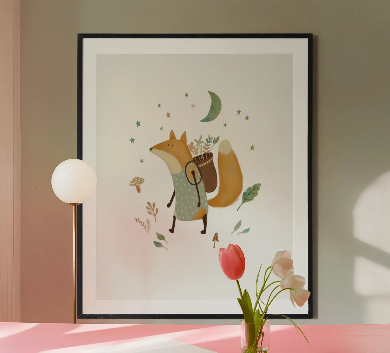 Renard en quête de nourriture - Impression d'art fantaisiste sur le thème de l'aventure dans les bois poster avec cadre en plastique de Urchin Bay Art