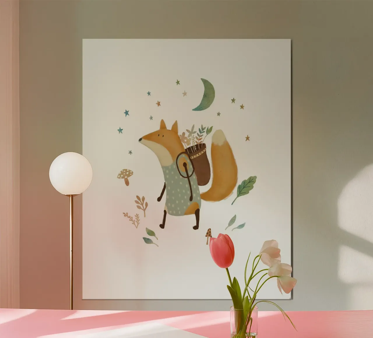 Renard en quête de nourriture - Impression d'art fantaisiste sur le thème de l'aventure dans les bois poster avec cadre en plastique de Urchin Bay Art