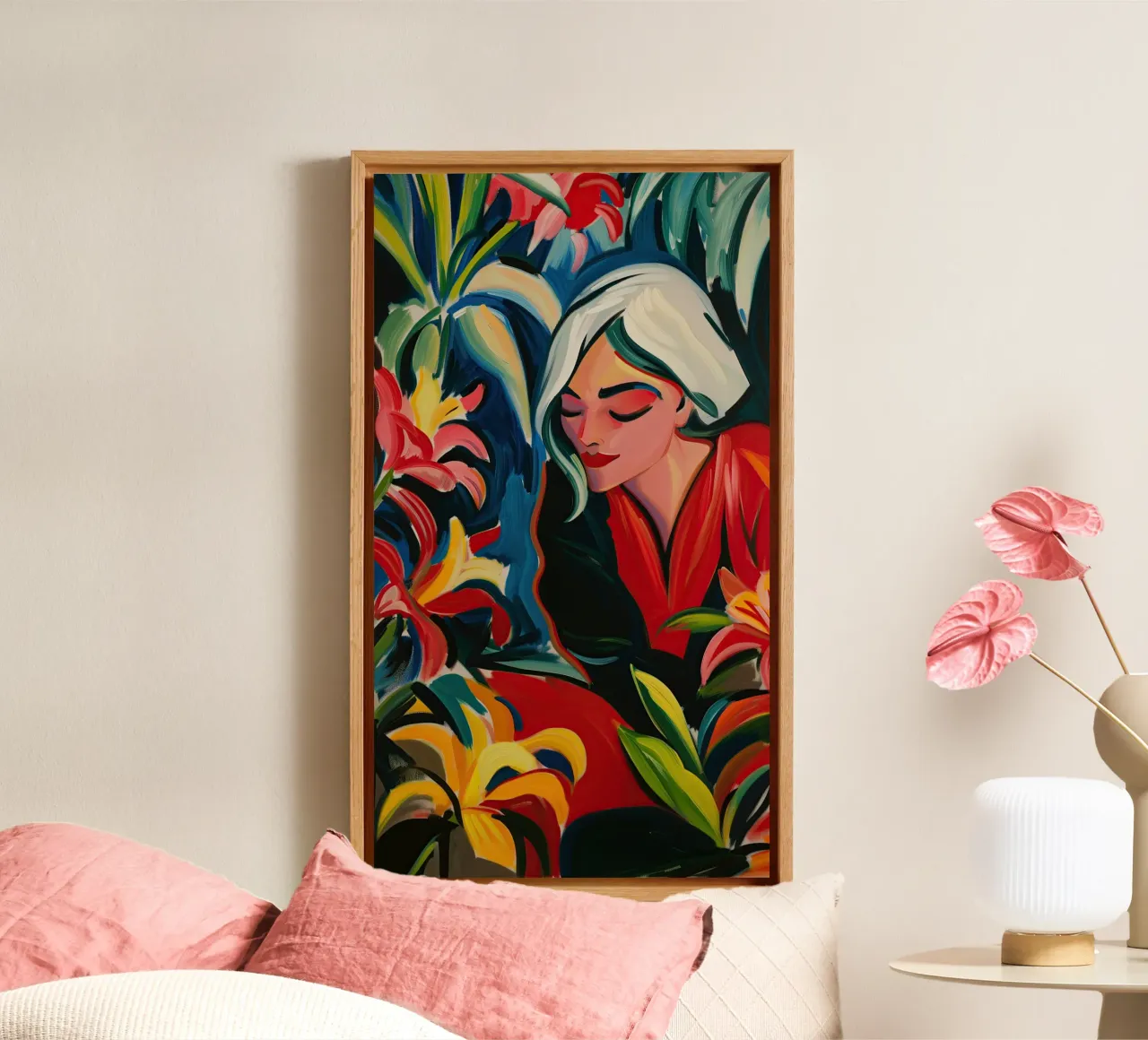 Vrouw in de orchideeëntuin | Expressionistisch schilderij in 16:9 canvas met Baklijst van Autofocus