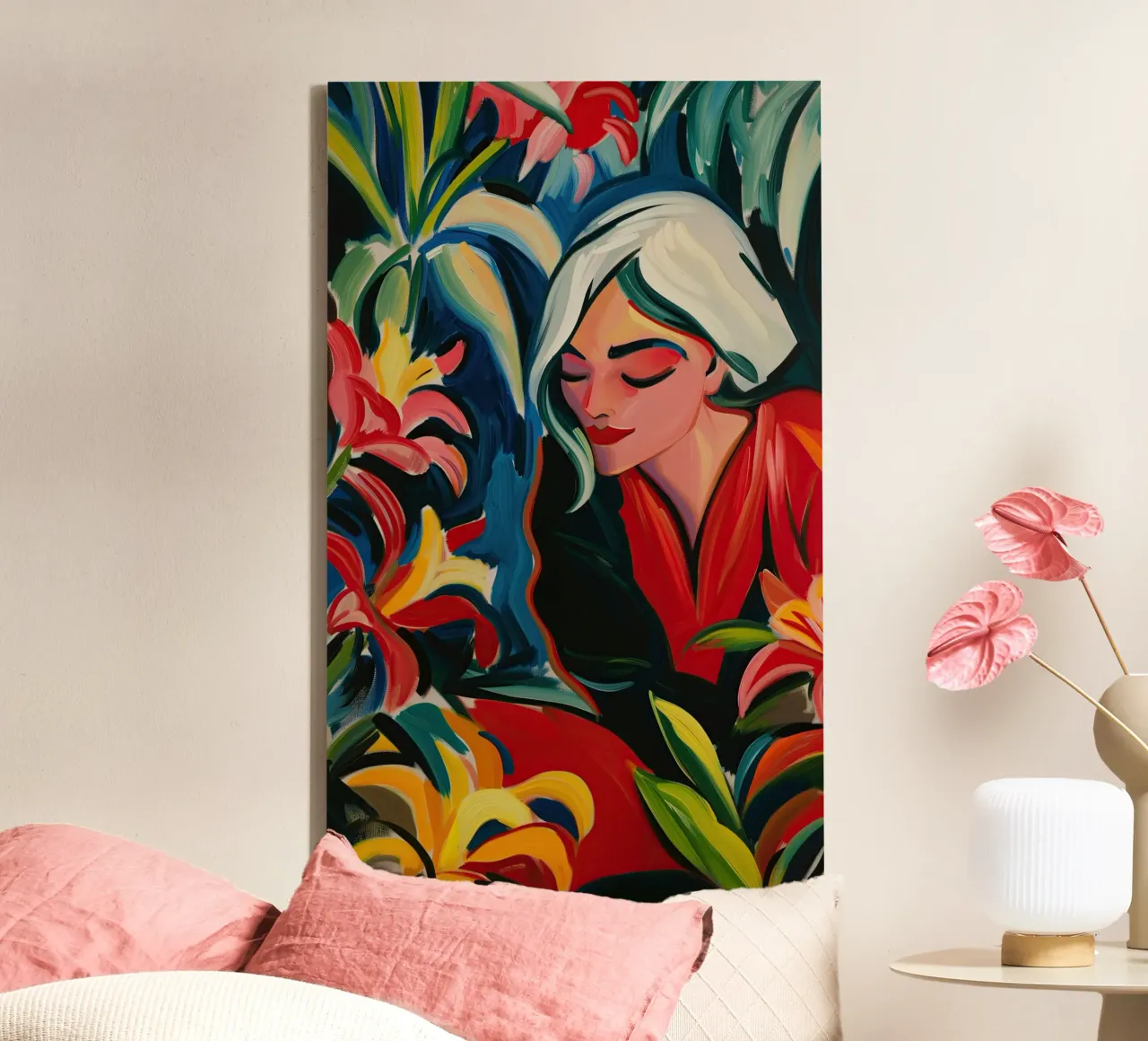 Vrouw in de orchideeëntuin | Expressionistisch schilderij in 16:9 canvas met Baklijst van Autofocus