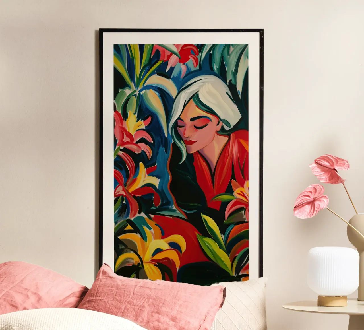 Frau im Orchideengarten | Expressionistische Malerei in 16:9 Poster von Autofocus