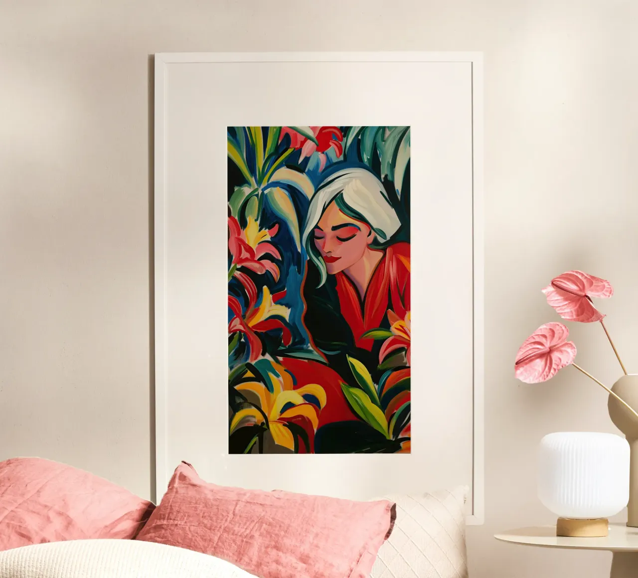 Frau im Orchideengarten | Expressionistische Malerei in 16:9 Poster von Autofocus