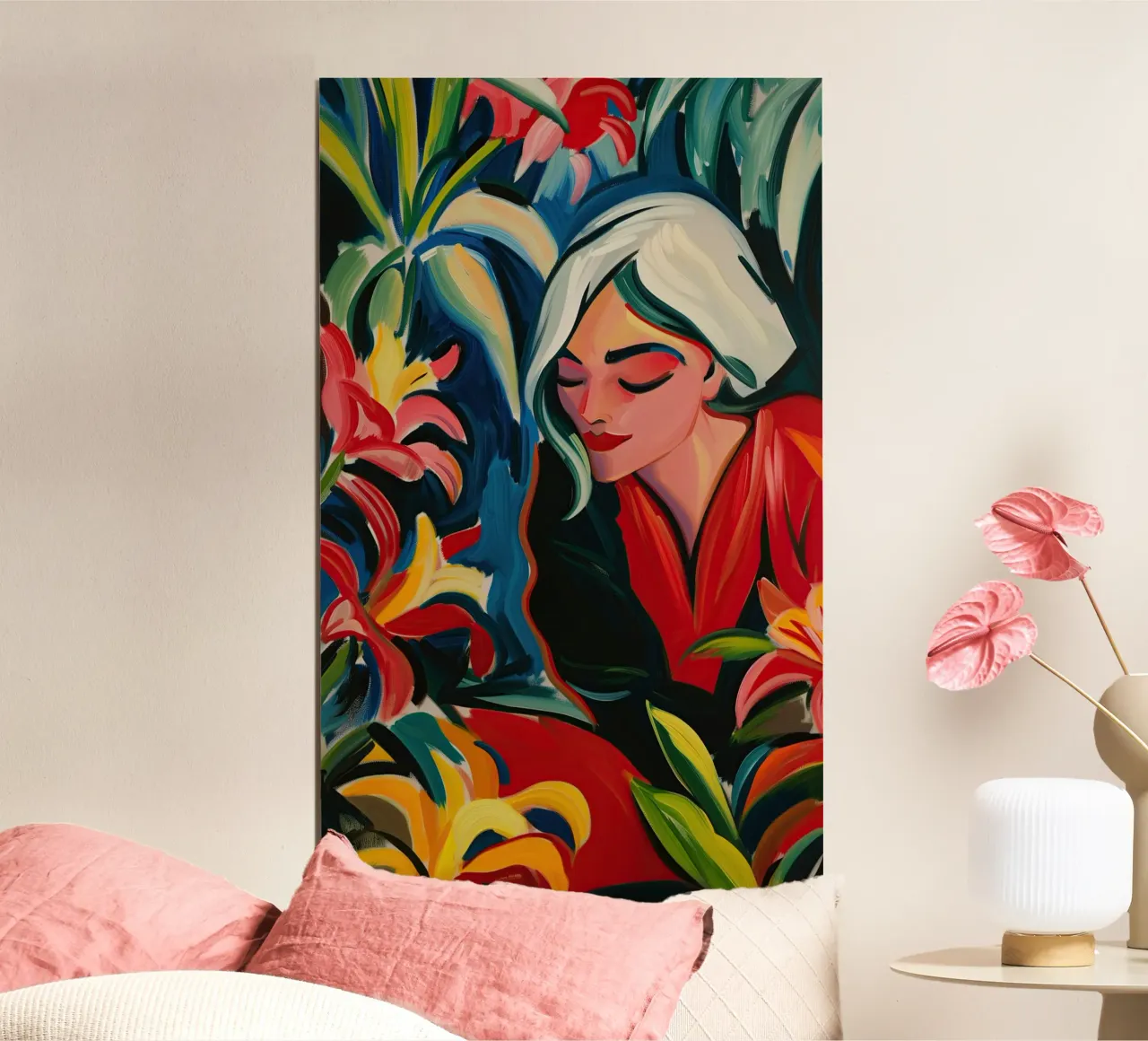 Frau im Orchideengarten | Expressionistische Malerei in 16:9 Poster von Autofocus