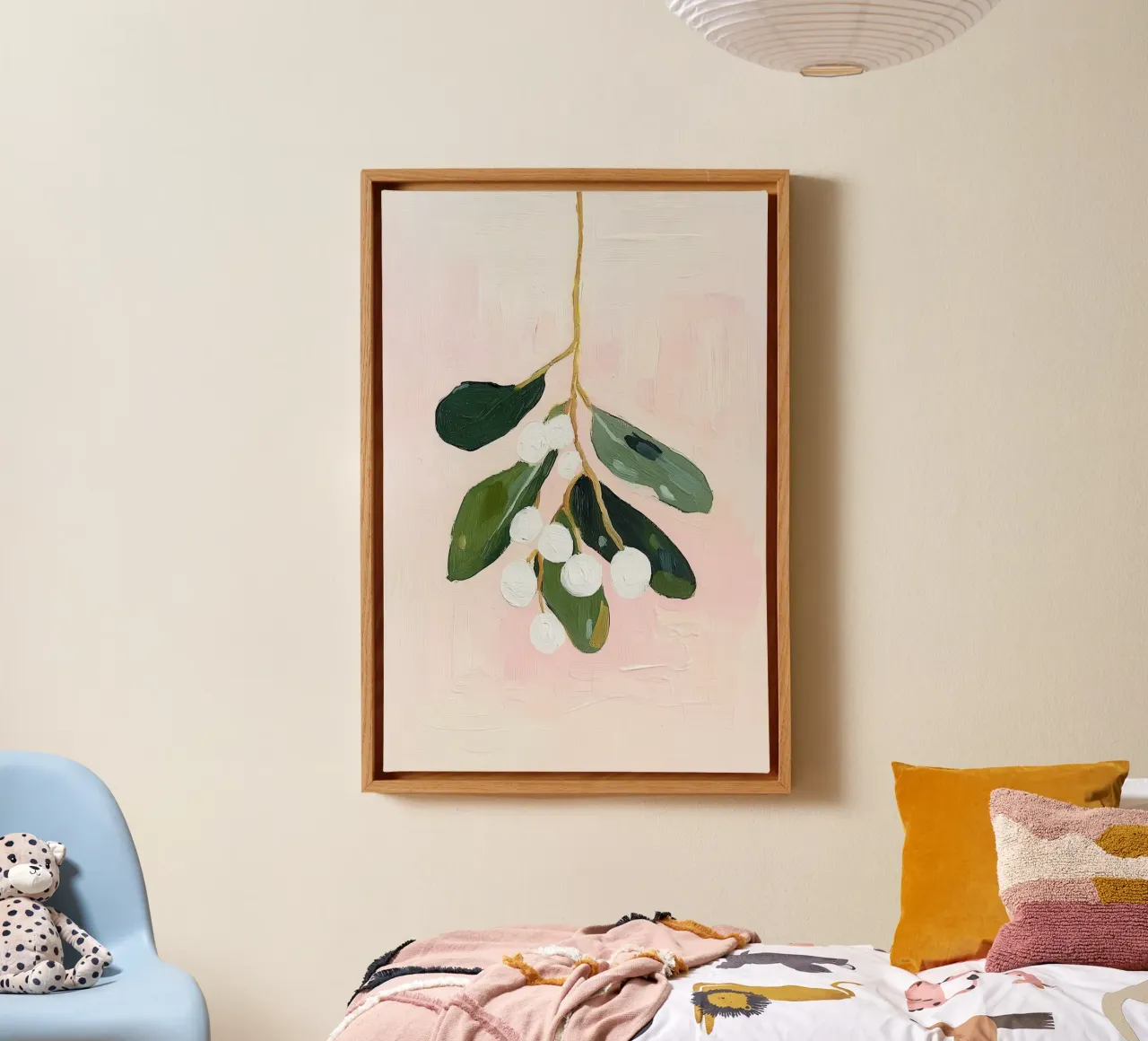 Schattige Abstracte Maretak Poster, Moderne Roze en Groene Print canvas met Baklijst van Little Lila