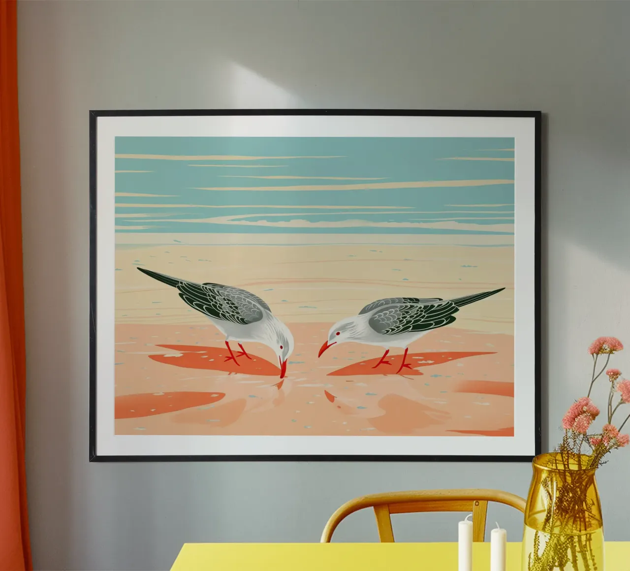 Uccelli da spiaggia | Motivo gabbiano marittimo in colori pastello poster con telaio in legno da Autofocus
