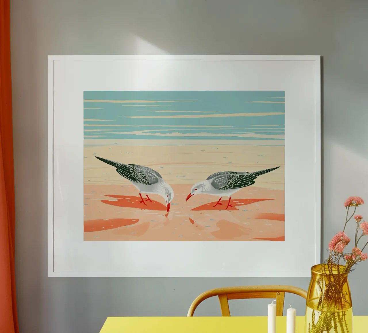 Uccelli da spiaggia | Motivo gabbiano marittimo in colori pastello poster con telaio in legno da Autofocus