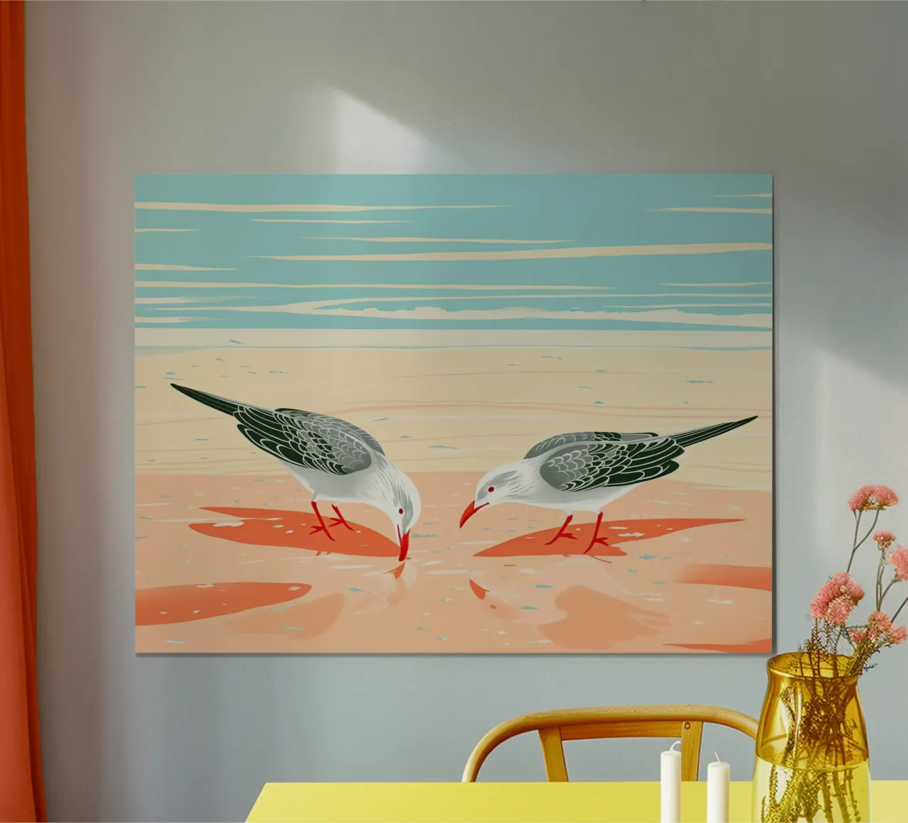 Uccelli da spiaggia | Motivo gabbiano marittimo in colori pastello poster con telaio in legno da Autofocus