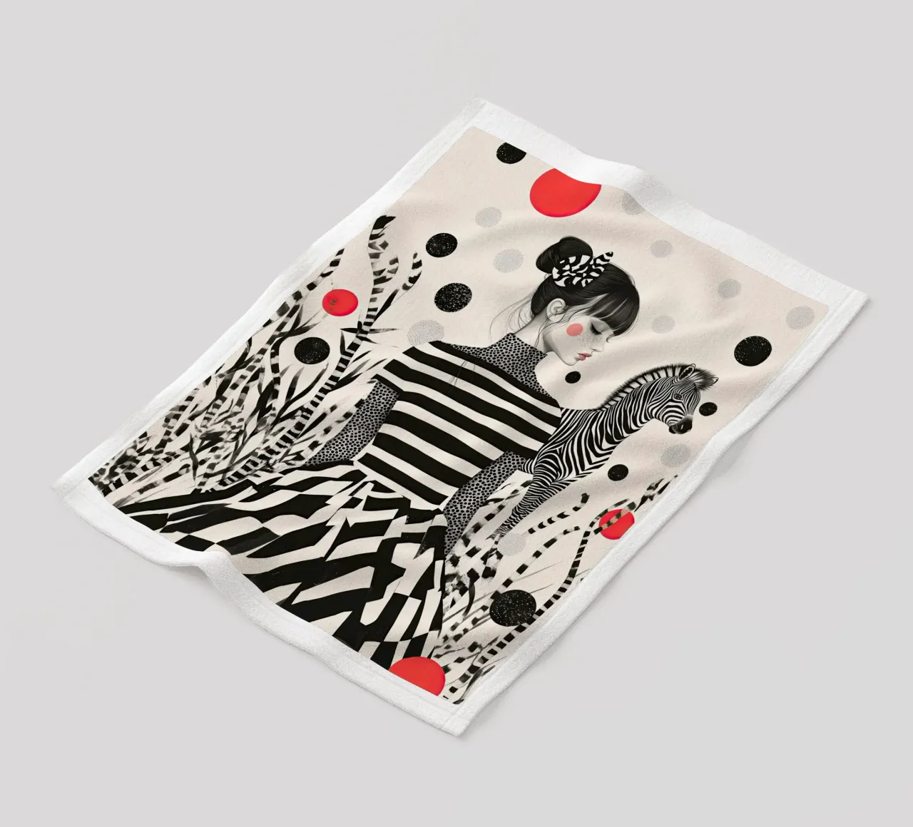 Model with zebra | Graphic work with stripes and dots fleece blanket by Autofocus