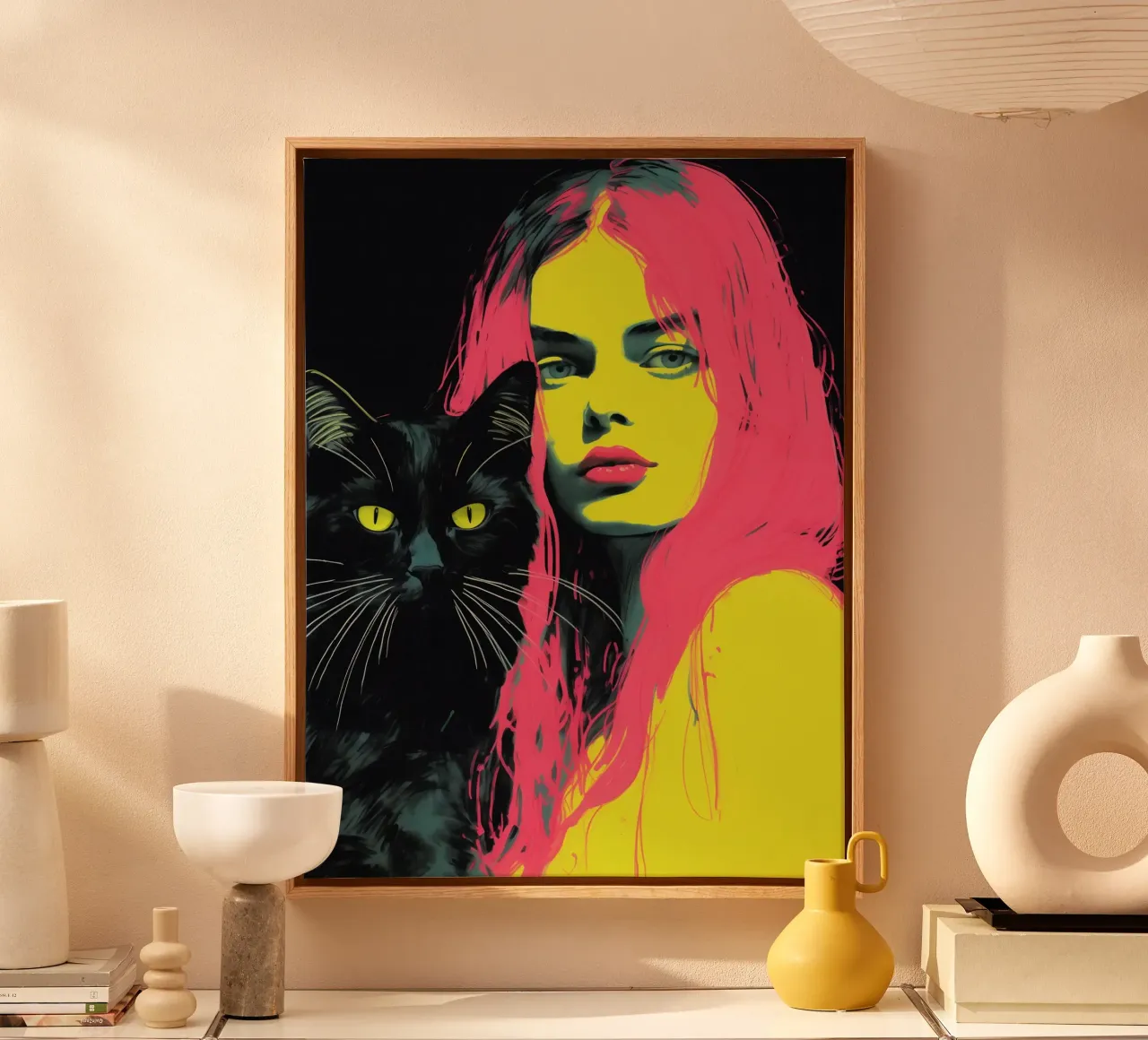 Woman with cat | Mixed media with neon colours canvas with Floater frame by Autofocus