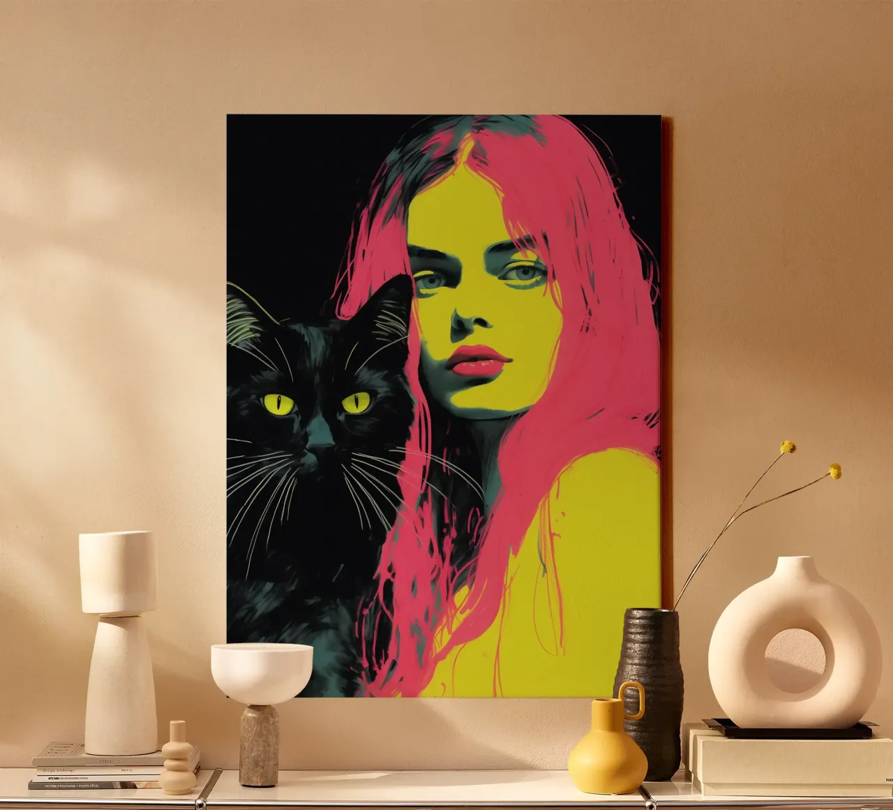 Woman with cat | Mixed media with neon colours canvas with Floater frame by Autofocus