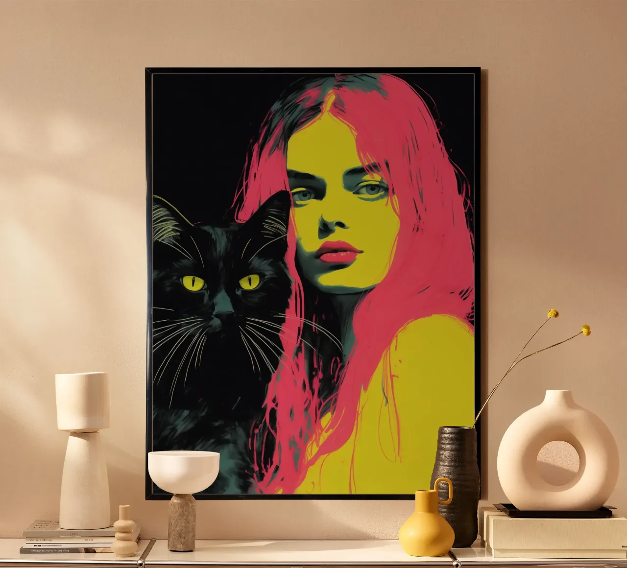 Frau mit Katze | Mischtechnik mit Neon-Farben Poster von Autofocus