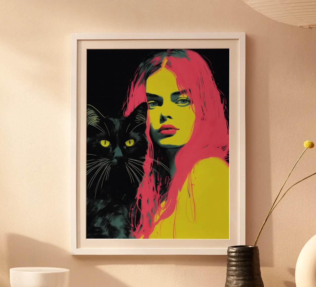 Frau mit Katze | Mischtechnik mit Neon-Farben Poster von Autofocus