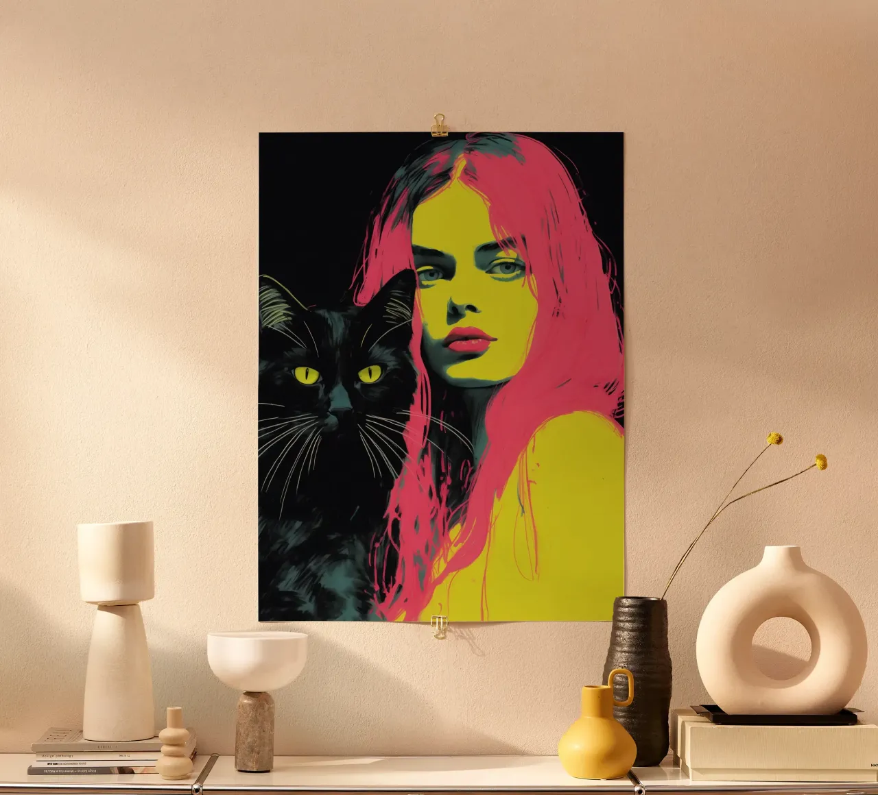 Frau mit Katze | Mischtechnik mit Neon-Farben Poster von Autofocus