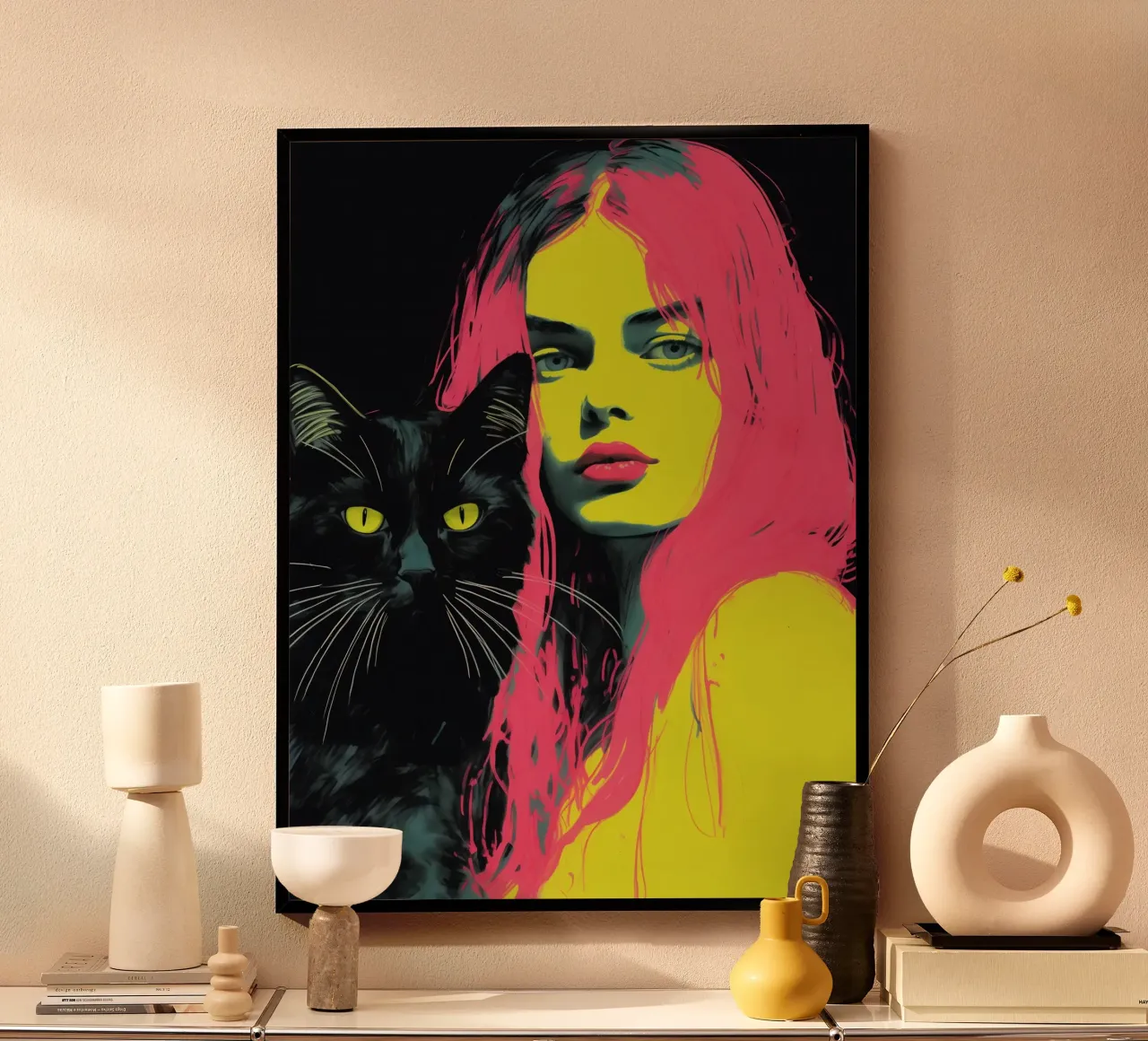 Frau mit Katze | Mischtechnik mit Neon-Farben Poster von Autofocus