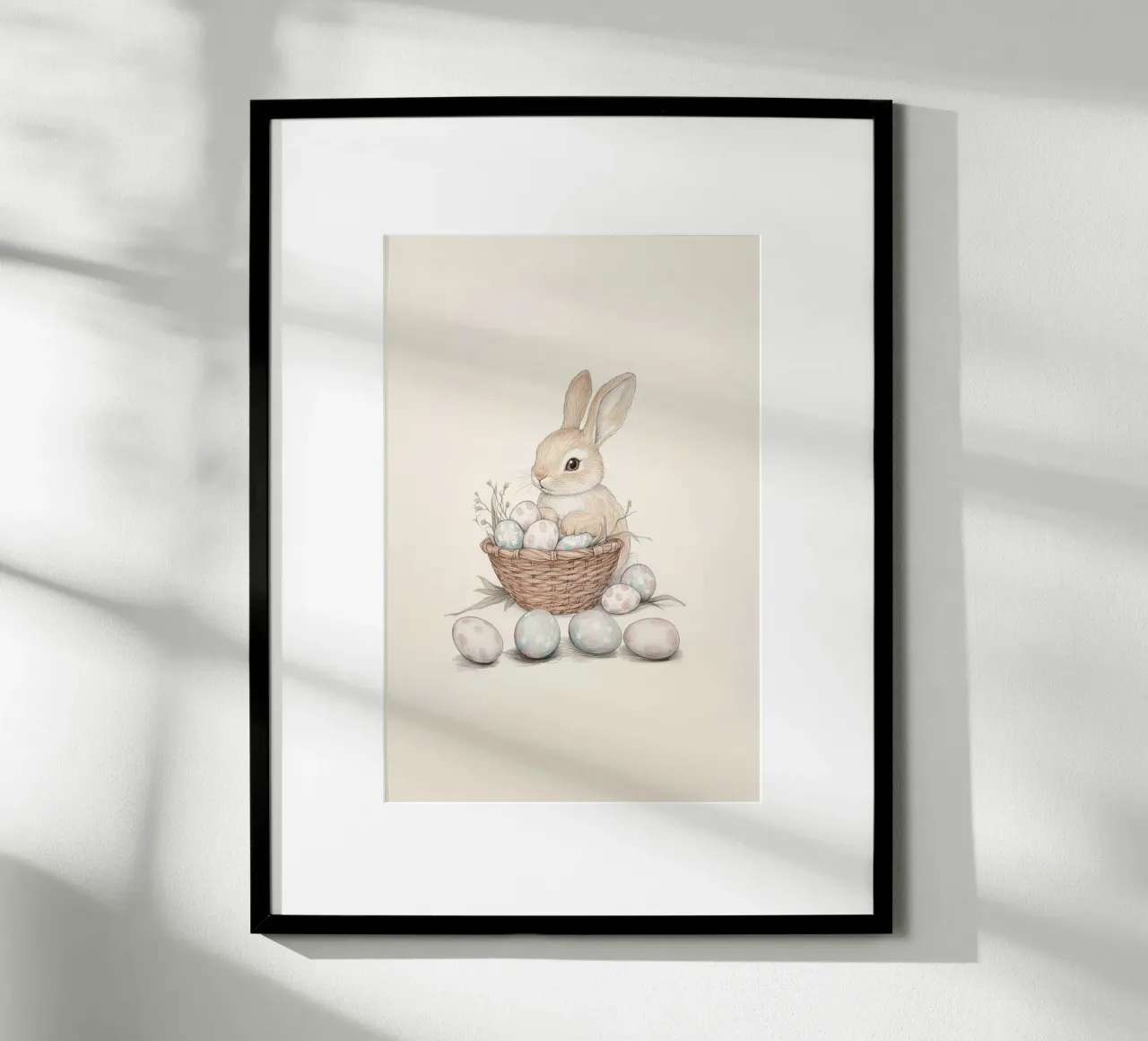 Coniglietto con uova di Pasqua poster con telaio in alluminio da Jungle Joy Art