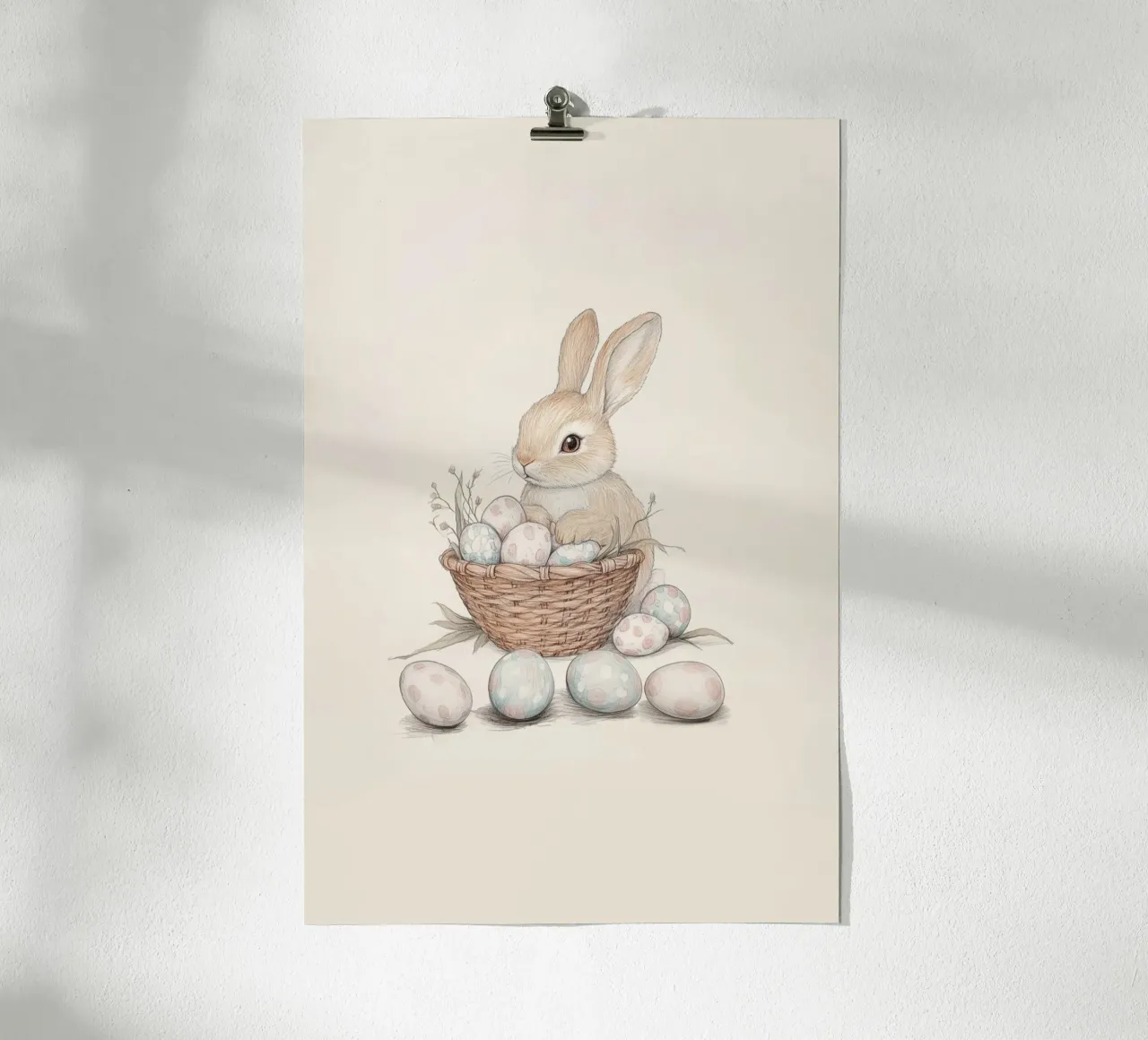 Coniglietto con uova di Pasqua poster con telaio in alluminio da Jungle Joy Art