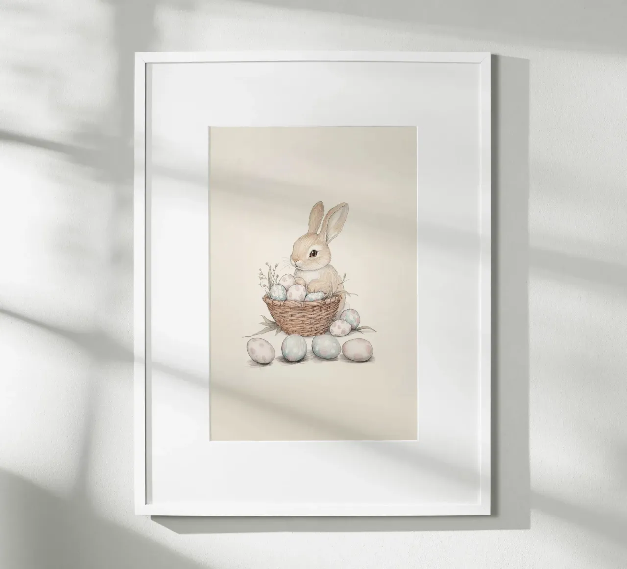 Coniglietto con uova di Pasqua poster con telaio in alluminio da Jungle Joy Art