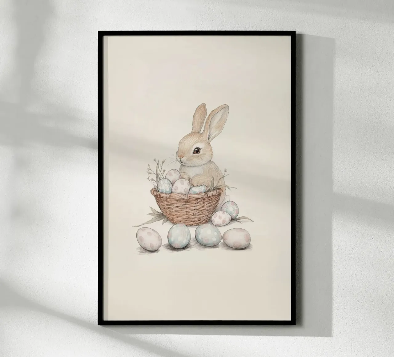 Coniglietto con uova di Pasqua poster con telaio in alluminio da Jungle Joy Art
