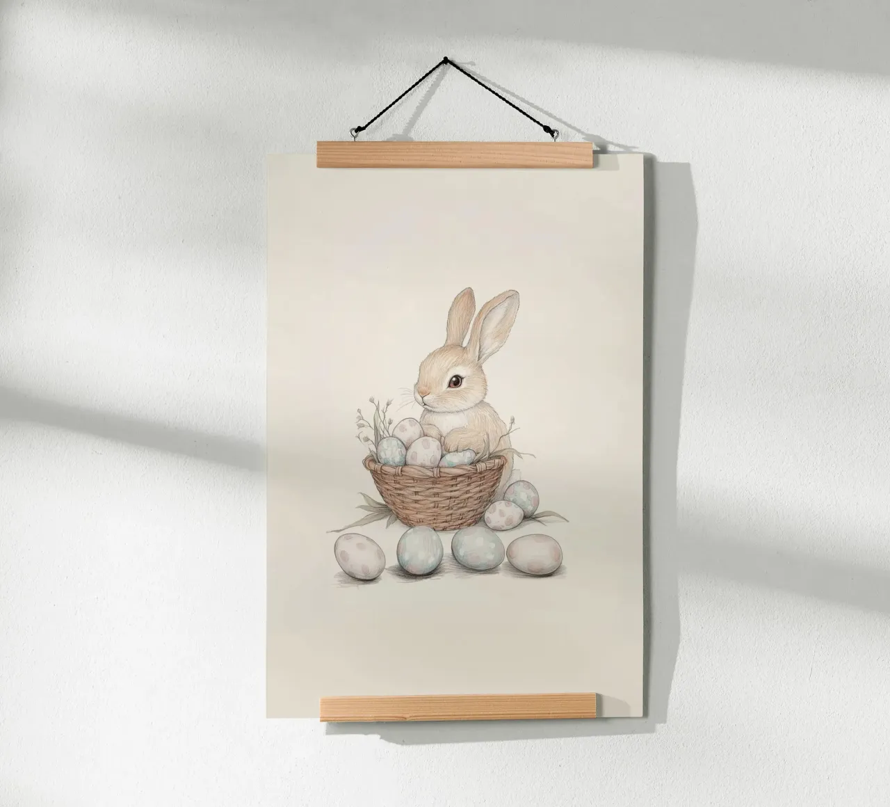 Coniglietto con uova di Pasqua poster con telaio in alluminio da Jungle Joy Art