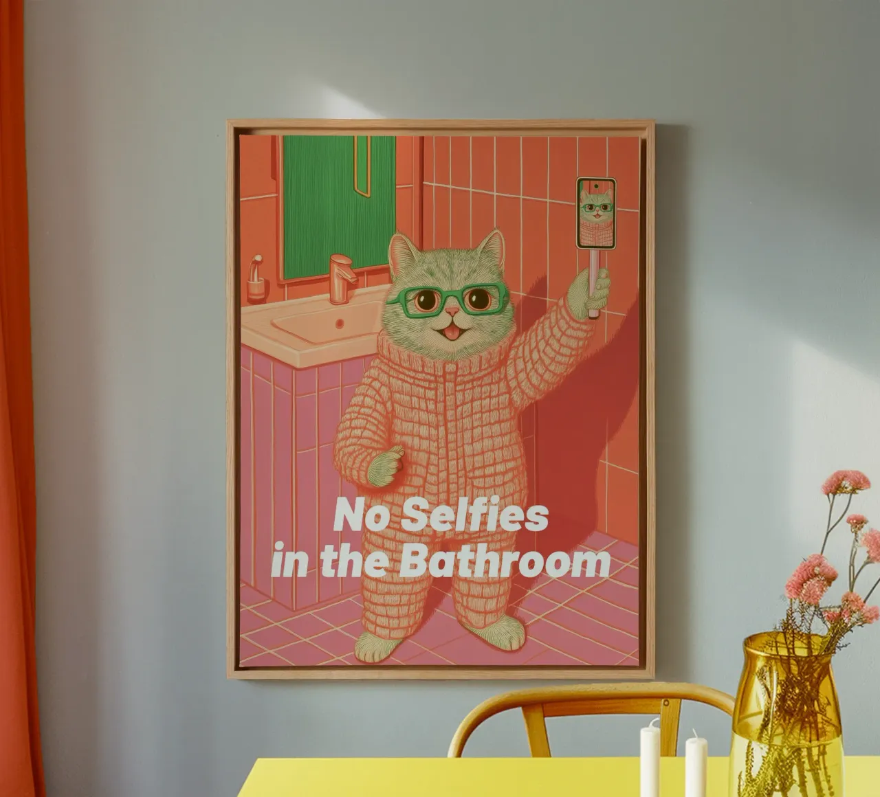 Vietato farsi i selfie: Divertenti illustrazioni di gatti per il bagno tela con Cornice a cassetta da Kaji