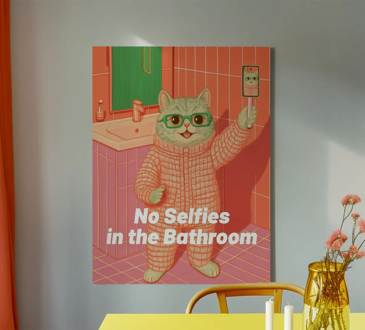 Vietato farsi i selfie: Divertenti illustrazioni di gatti per il bagno tela con Cornice a cassetta da Kaji