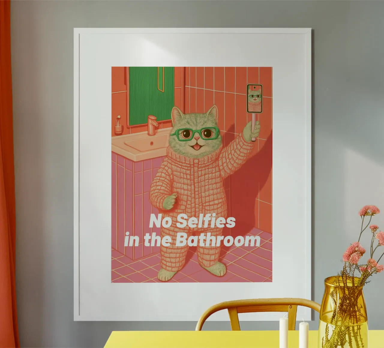Vietato farsi i selfie: Divertenti illustrazioni di gatti per il bagno poster con telaio in legno da Kaji