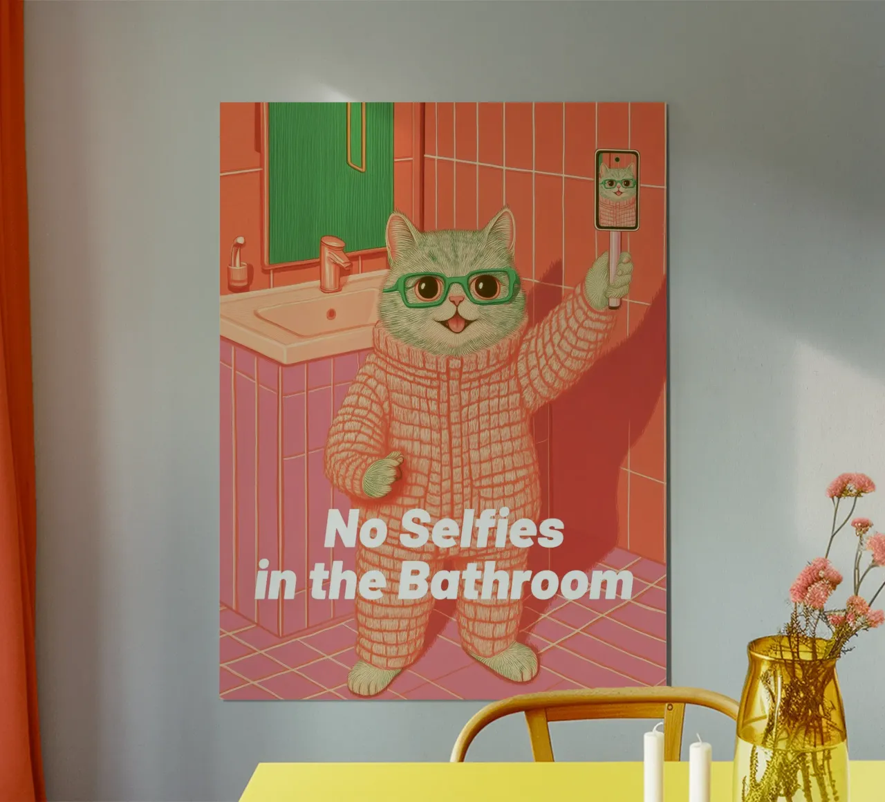 Vietato farsi i selfie: Divertenti illustrazioni di gatti per il bagno poster con telaio in legno da Kaji