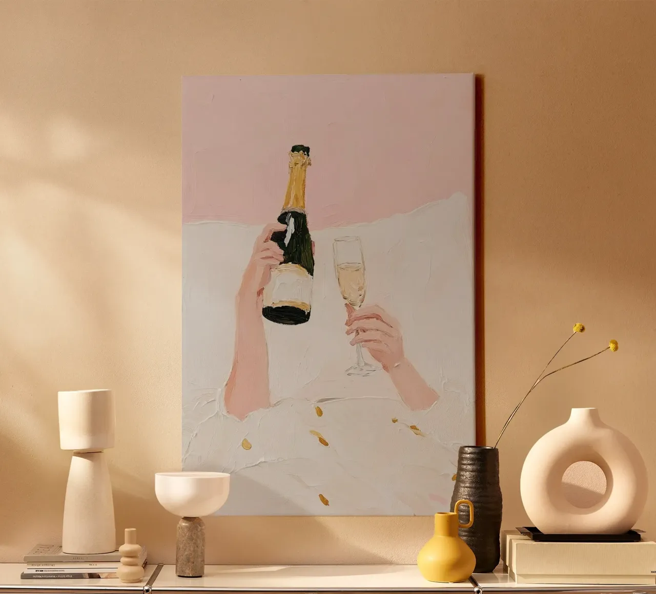 Champagne a letto, Poster celebrativo, Arte murale di tendenza Arte rosa tela con Cornice a cassetta da Little Lila