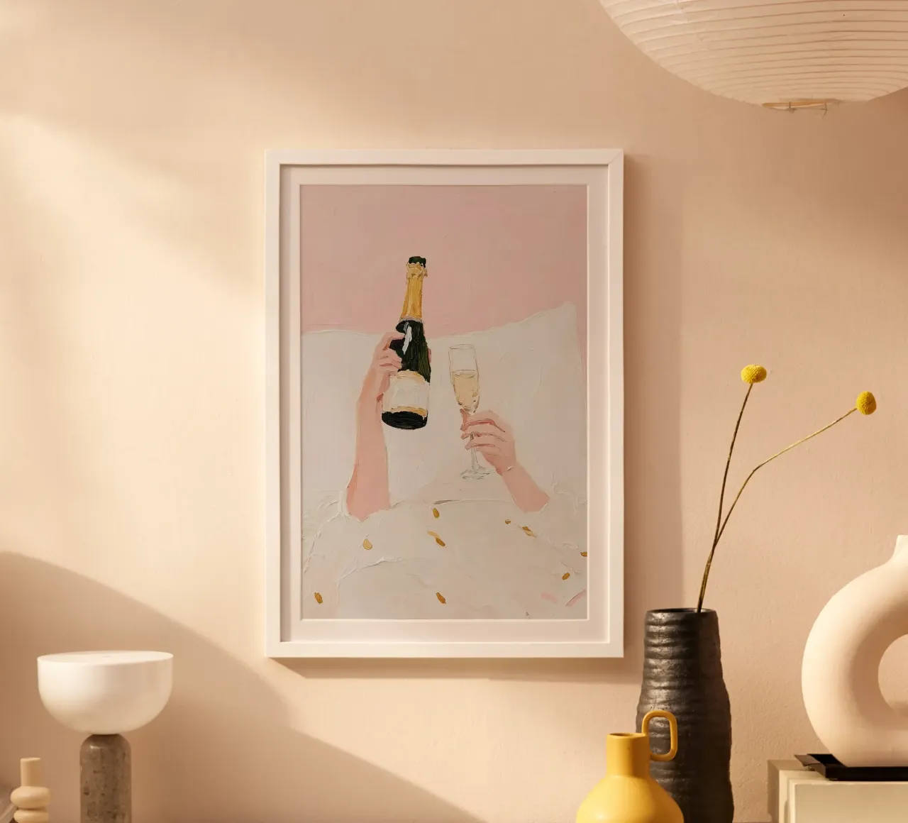Champagne a letto, Poster celebrativo, Arte murale di tendenza Arte rosa poster con telaio in alluminio da Little Lila