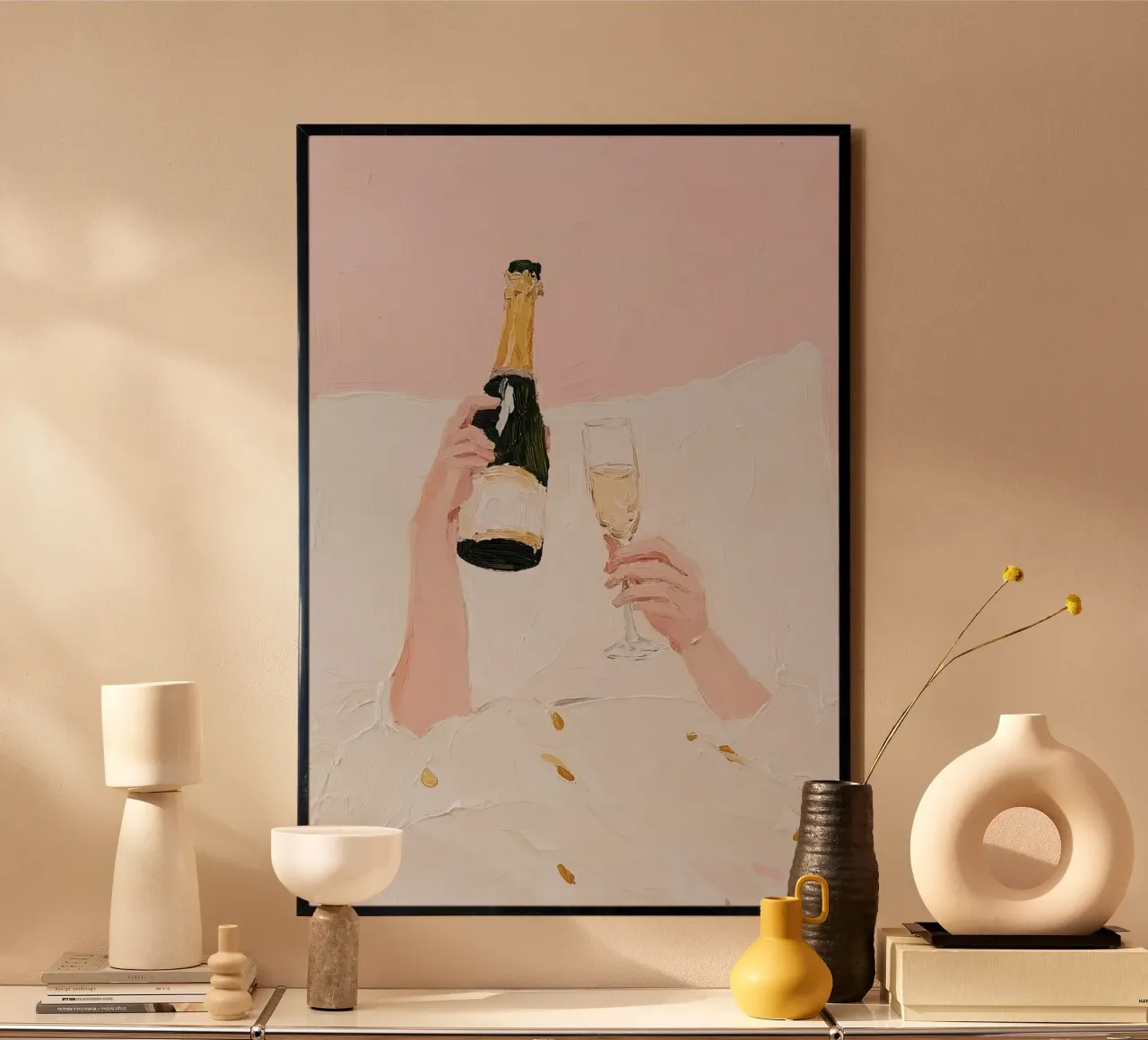 Champagne a letto, Poster celebrativo, Arte murale di tendenza Arte rosa poster con telaio in alluminio da Little Lila