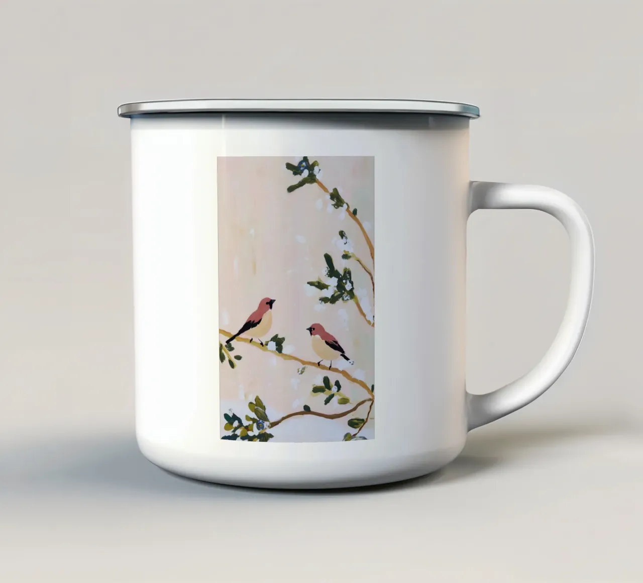 Nature Bird Print, Pastel Wall Art, Flower abstract Wildlife enamel mug by Little Lila