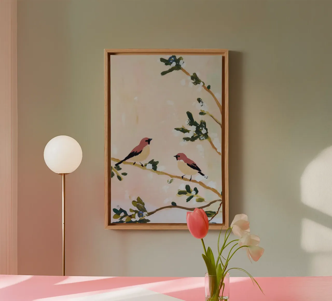 Nature Bird Print, Pastel Muurkunst, Bloem abstract Wildlife canvas met Baklijst van Little Lila
